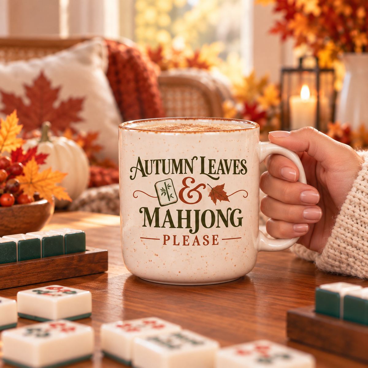Autumn Leaves and Mahjong Please coffee mug at a cozy fall mahjong table