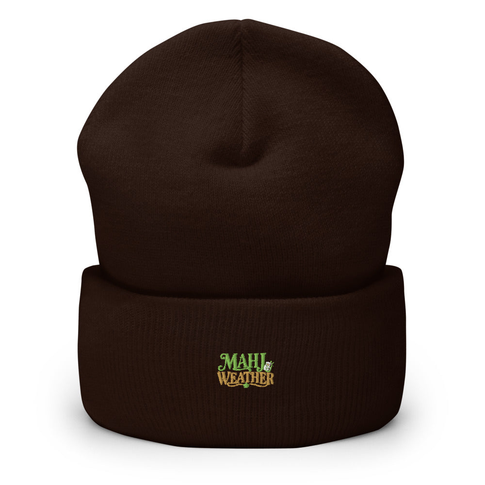 Mahj Weather Cuffed Beanie — Printful product mockup in Brown