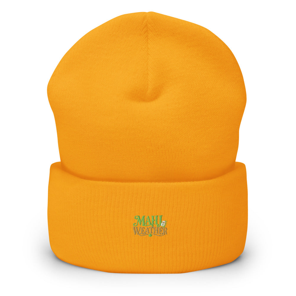 Mahj Weather Cuffed Beanie — Printful product mockup in Gold