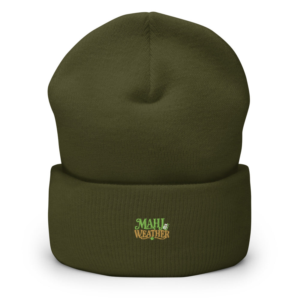 Mahj Weather Cuffed Beanie — Printful product mockup in Olive