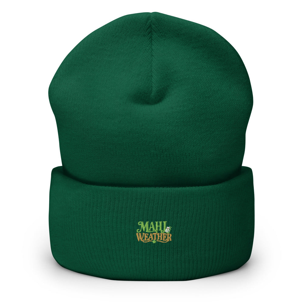 Mahj Weather Cuffed Beanie — Printful product mockup in Spruce