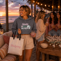 Woman wearing the Mahj Girl Summer crop hoodie in Storm blue gray