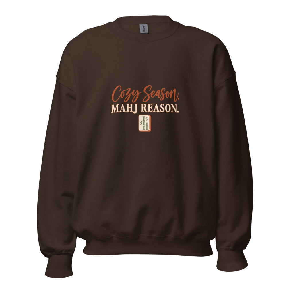 Cozy Season Mahj Reason Fall Crewneck — Printful product mockup in Dark Chocolate