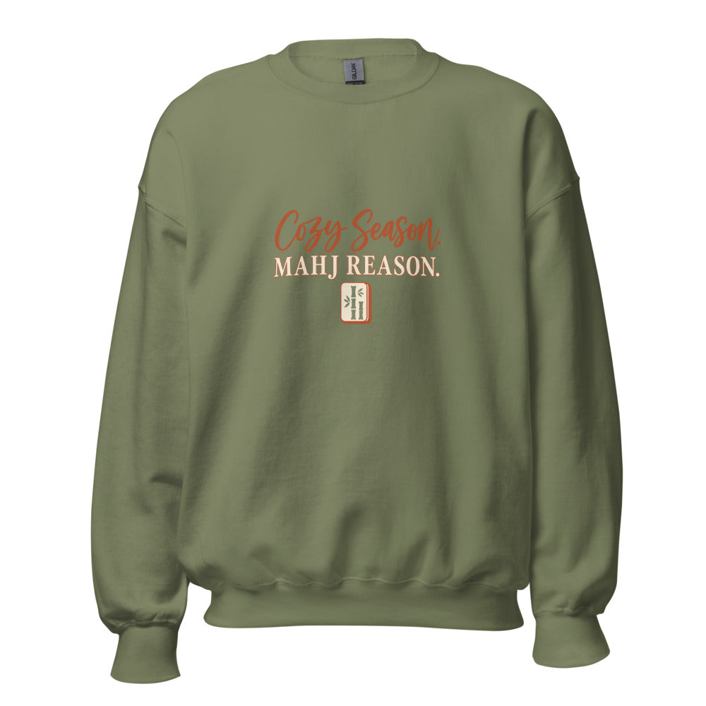 Cozy Season Mahj Reason Fall Crewneck — Printful product mockup in Military Green