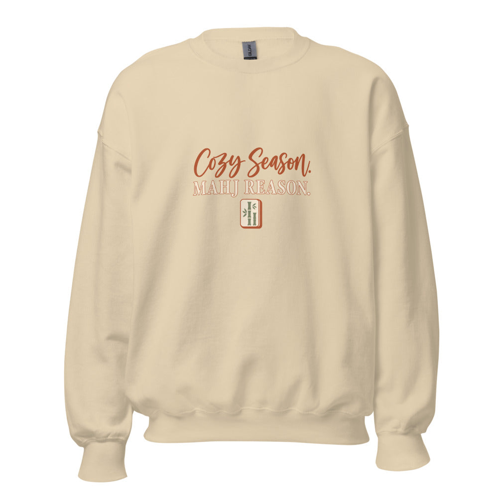 Cozy Season Mahj Reason Fall Crewneck — Printful product mockup in Sand