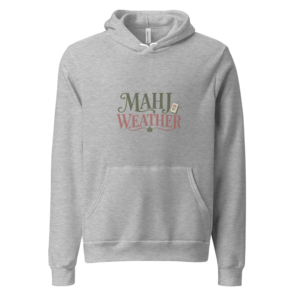 Mahj Weather Fall Hoodie — Printful product mockup in Athletic Heather