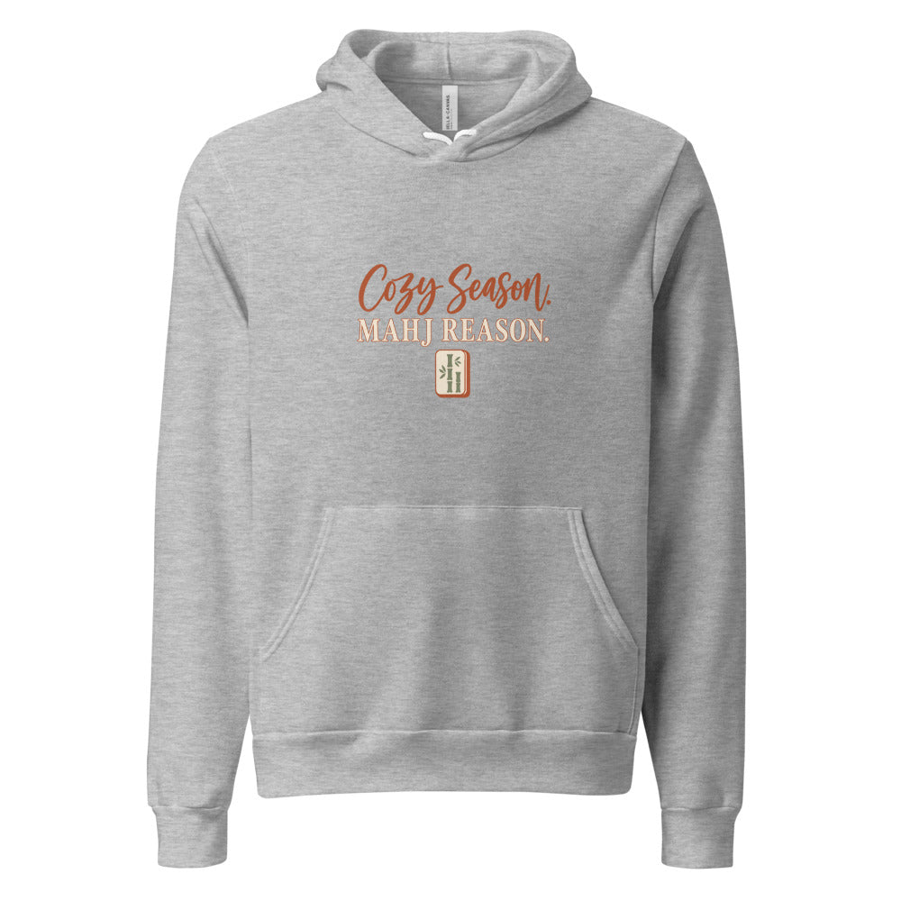 Cozy Season Mahj Reason Fall Hoodie — Printful product mockup in Athletic Heather