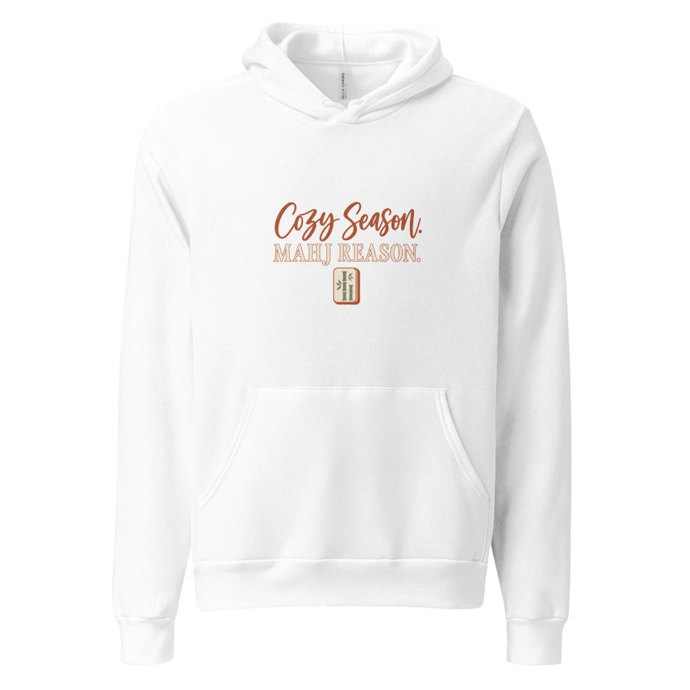 Cozy Season Mahj Reason Fall Hoodie — Printful product mockup in White